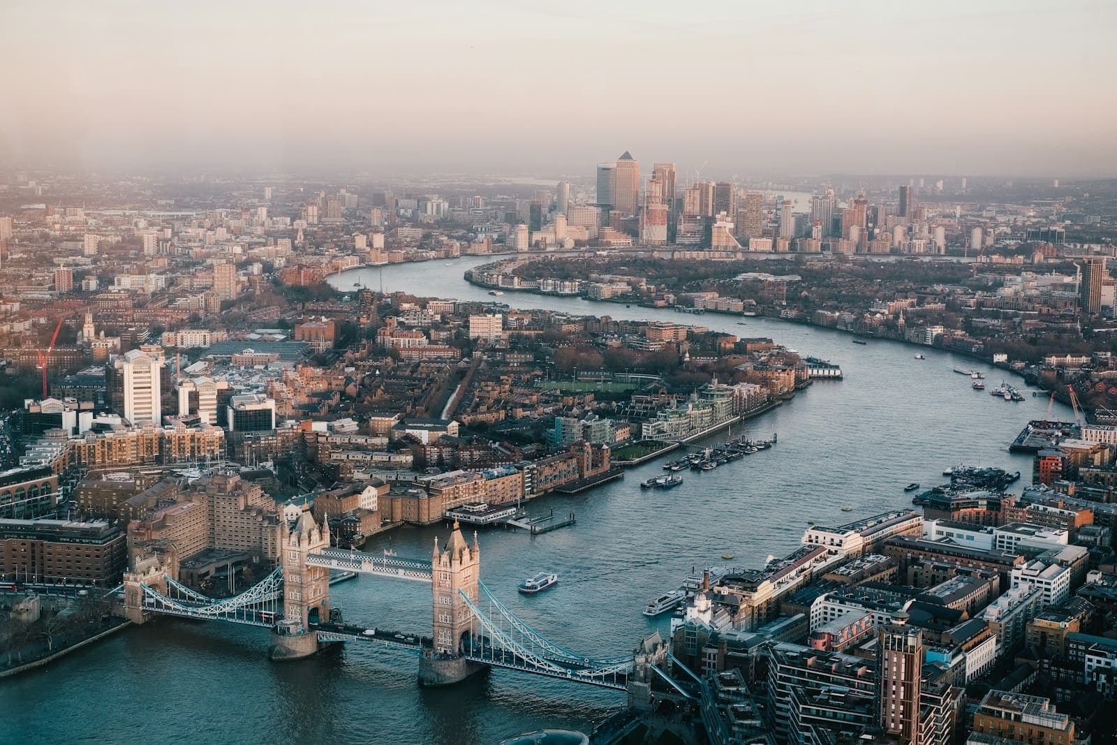 The River Thames and Tower Bridge seen from above on a hazy morning in London